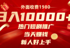 外面收费1980，热门短剧推广，当天赚钱，新人好上手，日入1w+